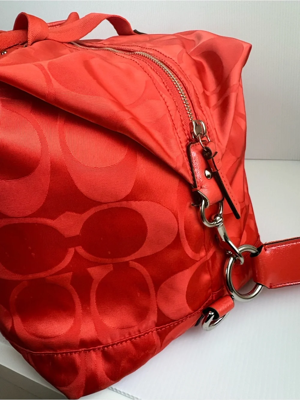 Coach Signature Hot Orange Nylon Travel Weekender Duffle Bag